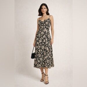 Jones New York Vintage Silk Black Floral Drape Bodice Midi Dress Sz. 16